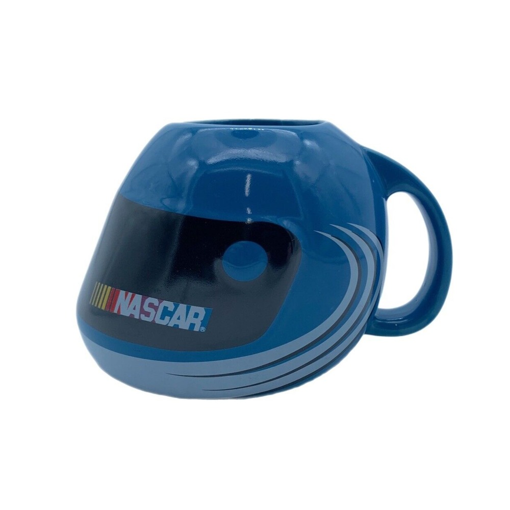 Large NASCAR Helmet Mug Blue Black White Stripes Yellow Red White Sherwood 2004